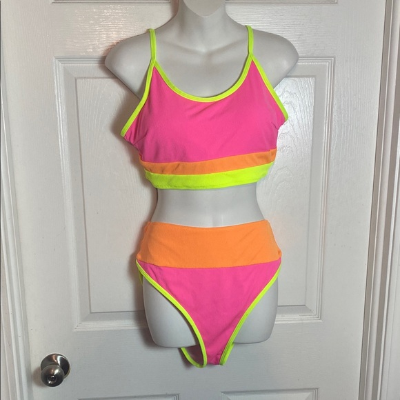 Neon Colorblock High-Waist Bikini Set - Pink & Orange - Picture 3 of 10